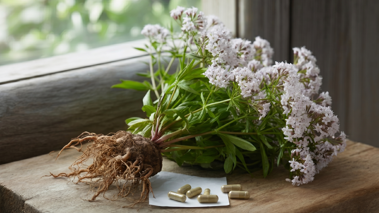 10 Sleep Aids That Actually Work: Science-Backed Options For Better Rest 8 A Freshly Harvested Valerian Plant Featuring Earthy Roots, Green Leaves, And Clusters Of White Flowers Lying Flat On A Rustic Wooden Surface, Positioned Next To Several Natural Herbal Supplement Capsules Resting On A Small White Square Of Paper.