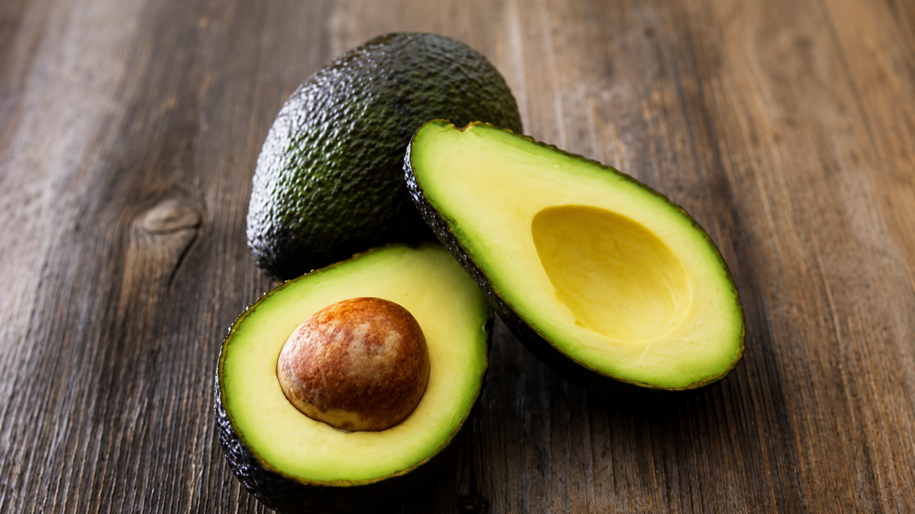 10 Foods To Eat More Often To Support Healthy Aging 9 One Whole Avocado And Two Avocado Halves, One With The Pit And One Without, Arranged On A Rustic Wooden Table.