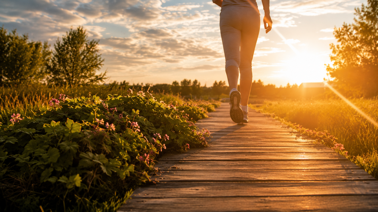 Brain Fog Fix: 7 Proven Strategies To Think Clearly Again 8 Rear View Of A Woman Walking Outdoors On A Wooden Boardwalk At Sunset, Surrounded By Nature, Grass, And Flowers. The Warm Sunlight And Open-Air Environment Emphasize The Mental And Physical Benefits Of Walking Outside Instead Of Exercising Indoors.