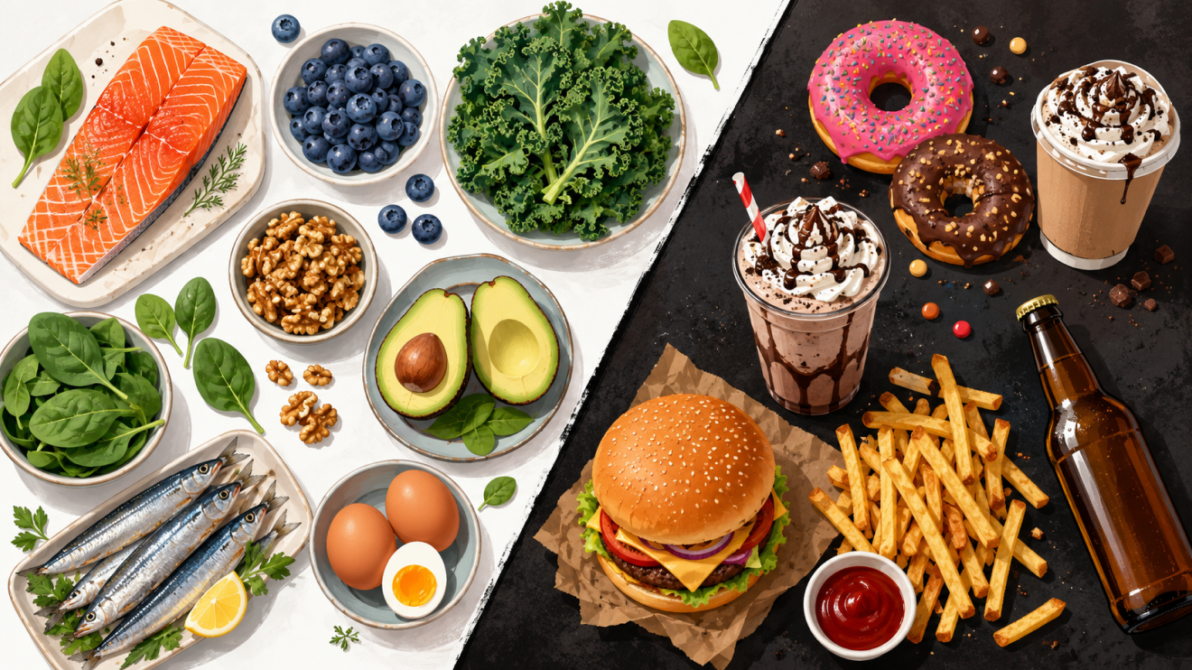 Brain Fog Fix: 7 Proven Strategies To Think Clearly Again 7 Illustrated Flat Lay Showing The Dos And Don’ts Of Brain Food. The Healthy Side Features Salmon, Sardines, Blueberries, Kale, Spinach, Walnuts, Avocados, And Eggs On A Bright White Background, While The Unhealthy Side Shows Donuts, Sugary Coffee Drinks, Milkshakes, Burgers, Fries, And Beer On A Dark Background.