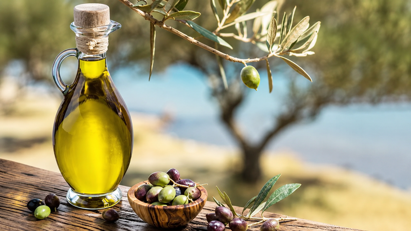 10 Foods To Eat More Often To Support Healthy Aging 2 Glass Bottle Of Golden Olive Oil Beside A Wooden Bowl Of Mixed Olives On A Rustic Table, With Olive Branches And A Softly Blurred Outdoor Landscape In The Background.