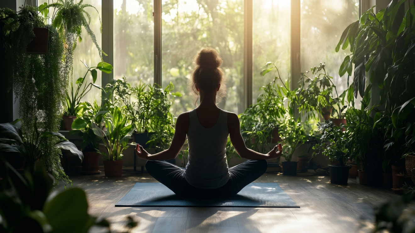 Morning Glow Routine: 8 Daily Habits For Radiant Skin 9 A Serene Back-View Photograph Of A Woman With Her Hair In A Bun, Meditating In A Seated Cross-Legged Pose On A Blue Yoga Mat. She Is Facing Large, Floor-To-Ceiling Windows Looking Out Onto A Lush, Sun-Drenched Green Garden. The Room Itself Is Filled With Many Thriving Potted Indoor Plants And Hanging Greenery, Bathed In Soft, Golden Sunlight Streaming Through The Glass, Creating A Peaceful And Tranquil Atmosphere. The Dark Wood Floor Shows Dappled Light Patterns.