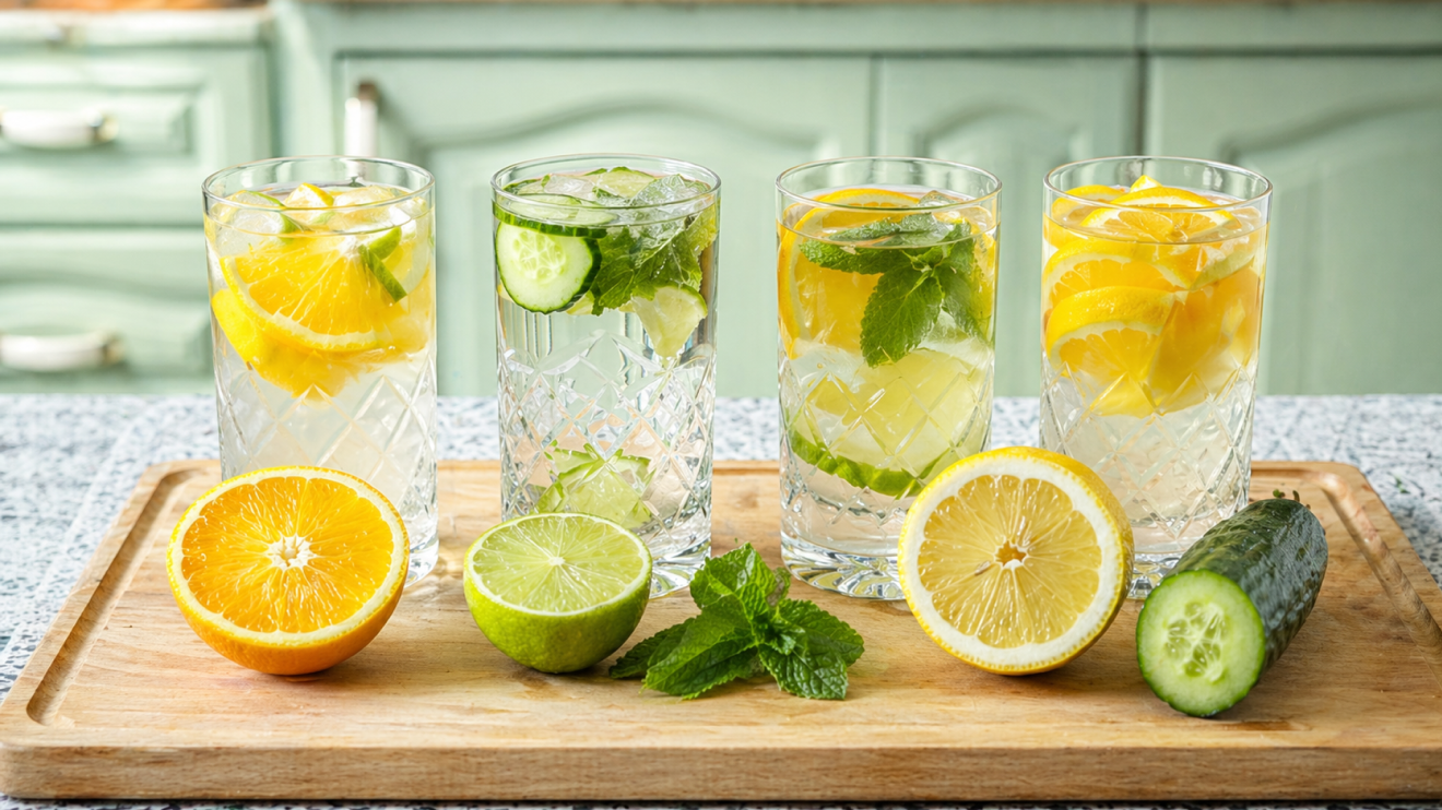Morning Glow Routine: 8 Daily Habits For Radiant Skin 3 Four Tall Glasses Of Infused Water With Citrus Slices, Cucumber, And Mint Sit On A Wooden Board, Surrounded By Halved Orange, Lime, And Lemon, Fresh Mint Leaves, And A Cucumber, With A Softly Blurred Mint-Green Kitchen Background.