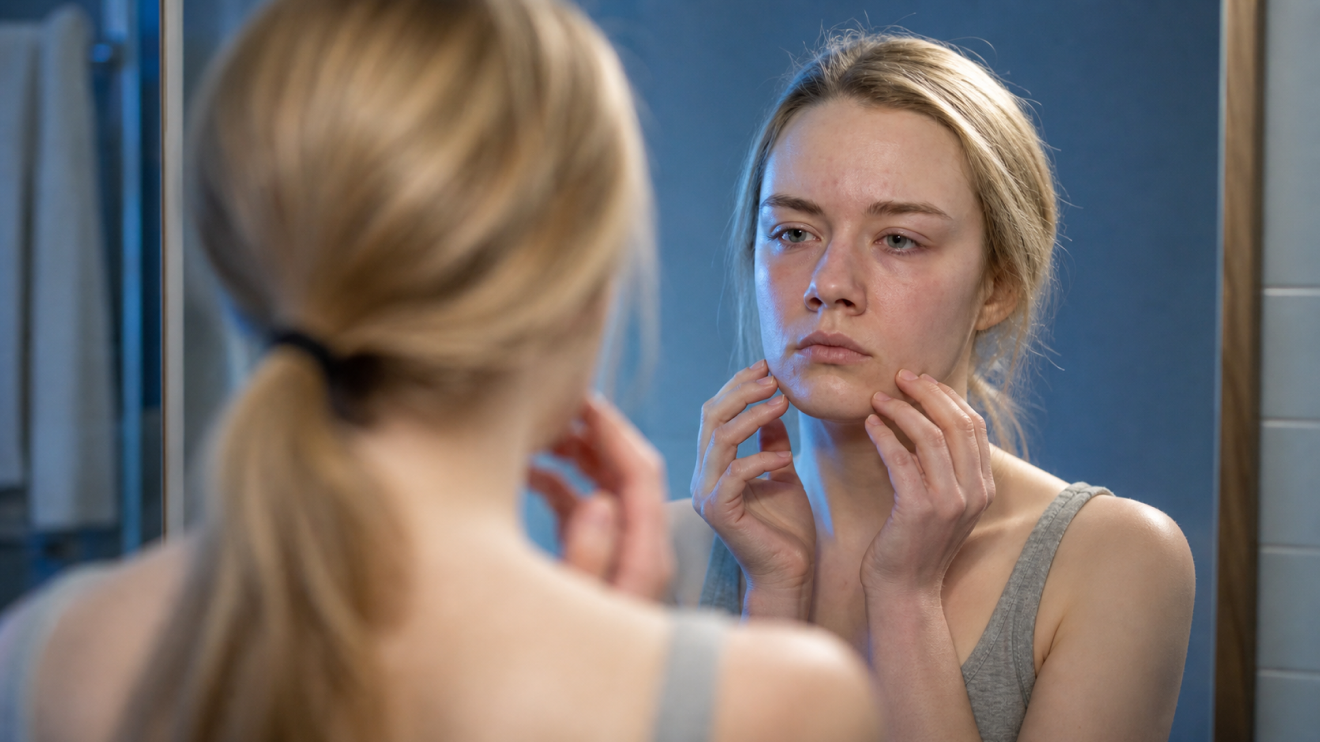 Why Your Skin Looks Tired: 9 Hidden Causes &Amp; Quick Fixes 3 A Woman Looks At Her Reflection In The Mirror, Gently Touching Her Face With A Concerned Expression, Noticing Signs Of Stress On Her Skin Such As Redness And Fatigue.