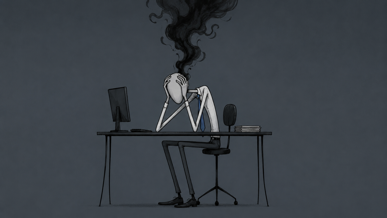 Why You Can'T Focus Anymore: 8 Hidden Reasons &Amp; How To Fix Them 2 Faceless Office Worker Sits At A Desk With His Hands On His Head As Dark Smoke Rises From It, Symbolizing Mental Exhaustion And Burnout.