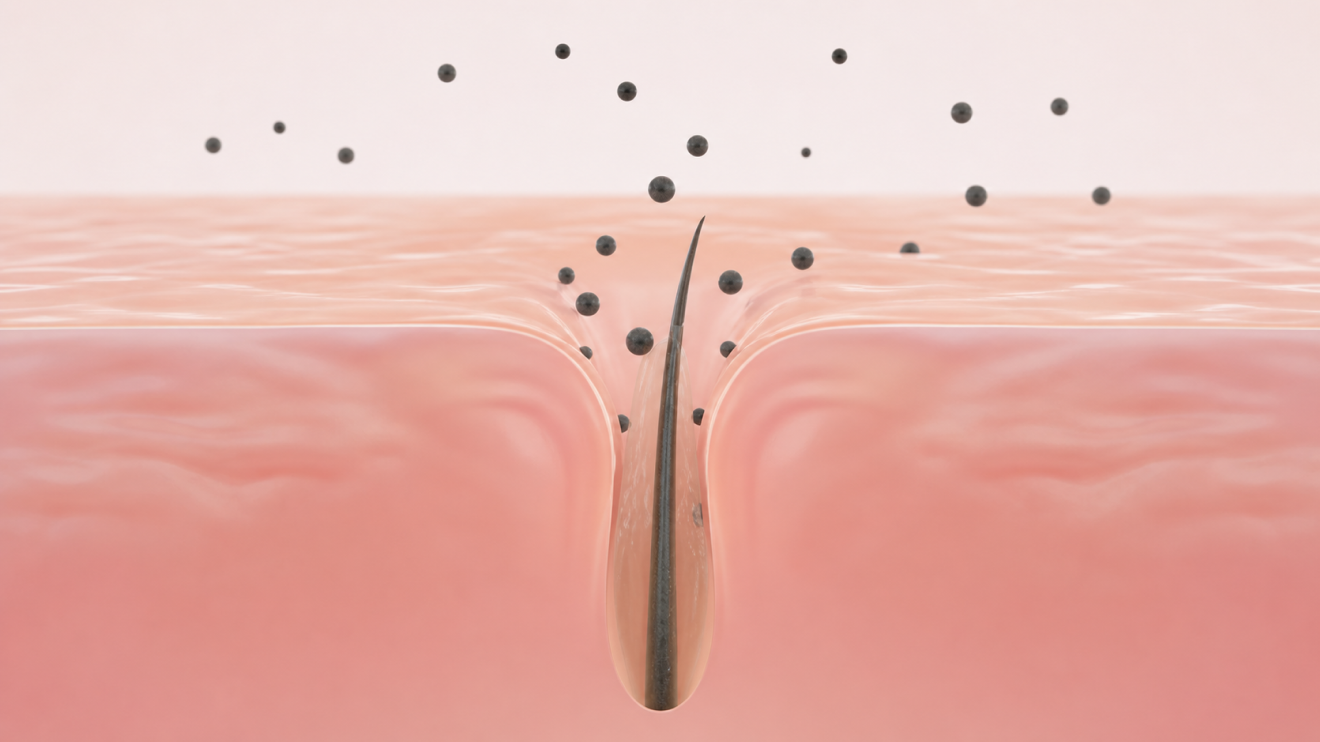 Why Your Skin Looks Tired: 9 Hidden Causes &Amp; Quick Fixes 12 Cross-Section Illustration Of Skin Showing A Pore With A Hair Shaft As Dark Pollution Particles Settle Into The Opening, Representing Contaminants Entering And Clogging The Pore.