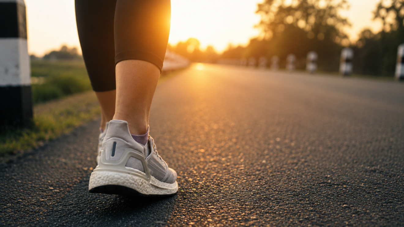 Low Energy Day Routine: 9 Steps That Still Get Results 6 Low-Angle Close-Up Of A Person In White Athletic Sneakers Walking On An Empty Road During Golden Hour, With Warm Sunset Light Reflecting Across The Asphalt And The Background Softly Blurred.