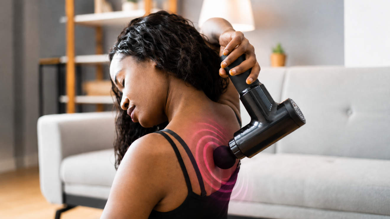 7 Beetroot Supplement Benefits You Should Know Before Taking 5 Woman Using A Massage Gun On Her Upper Back In A Modern Living Room While Glowing Beetroot-Colored Waves Radiate From The Sore Area, Visually Representing Muscle Recovery, Reduced Soreness, And The Workout Recovery Benefits Associated With Beetroot Supplements.