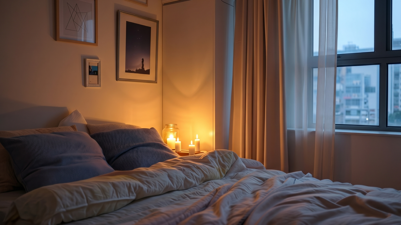 Morning Glow Routine: 8 Daily Habits For Radiant Skin 8 An Intimate Photo Of A Cozy Bedroom At Night. Rumpled White Linens And Pillows Fill An Unmade Bed. The Room Is Softly Lit By A Cluster Of Glowing White Candles On A Bedside Table To The Left. A Large Window With Sheer Curtains Reveals A City View At Twilight. Framed Art Is On The Wall.
