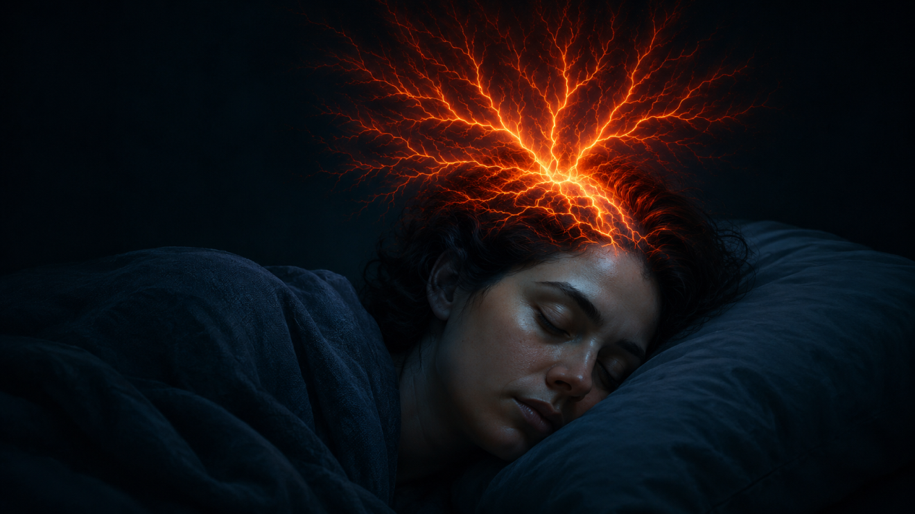 Brain Fog Fix: 7 Proven Strategies To Think Clearly Again 2 Person Sleeping Peacefully In A Dark Bedroom While Glowing Orange, Lightning-Like Signals Flow From Their Head, Symbolizing The Brain Flushing Out Metabolic Waste And Toxins During Deep Sleep.