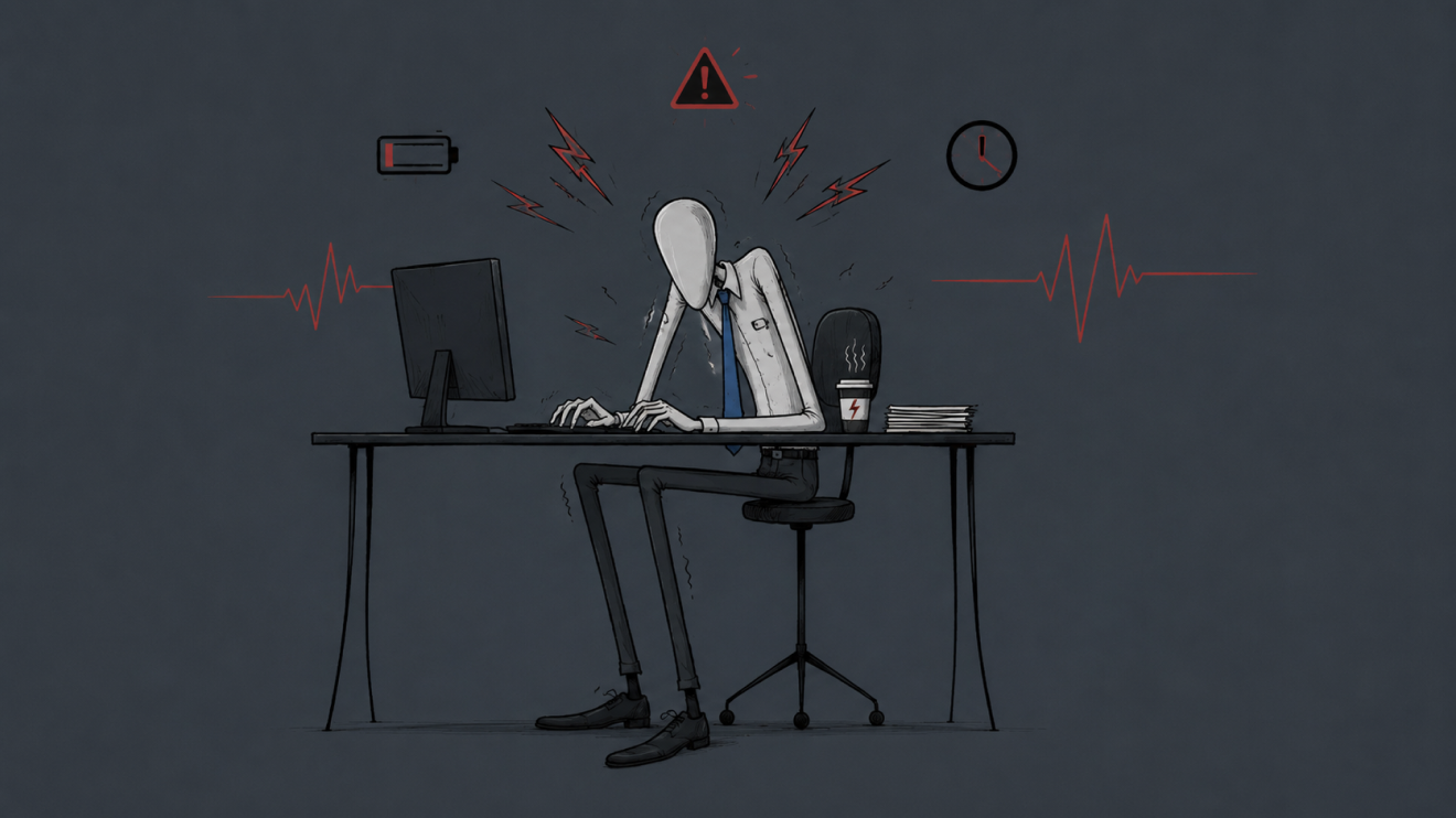 Why You Can'T Focus Anymore: 8 Hidden Reasons &Amp; How To Fix Them 6 Faceless Office Worker Sits Tense At His Desk Surrounded By Warning Symbols, Heartbeat Lines, And Low Battery Icons, Representing Chronic Stress, Anxiety, And A Constant State Of High Alert.