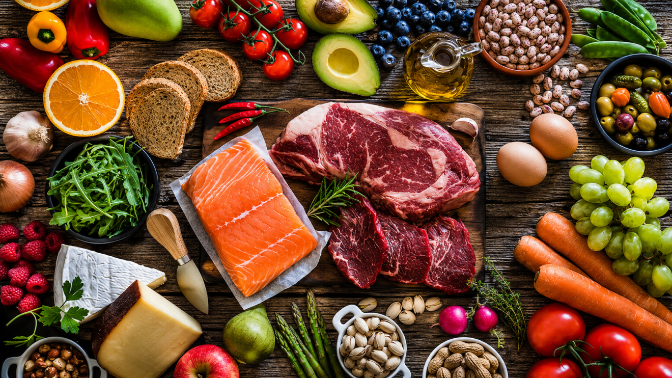 Healthy Aging Doesn'T Have To Be Complicated: 6 Simple Habits That Actually Work 4 Overhead View Of A Colorful Whole-Food Spread On A Rustic Wooden Table, Featuring Raw Salmon And Beef Steaks Surrounded By Fruits, Vegetables, Eggs, Beans, Bread, Cheese, Nuts, Olive Oil, And Fresh Herbs.
