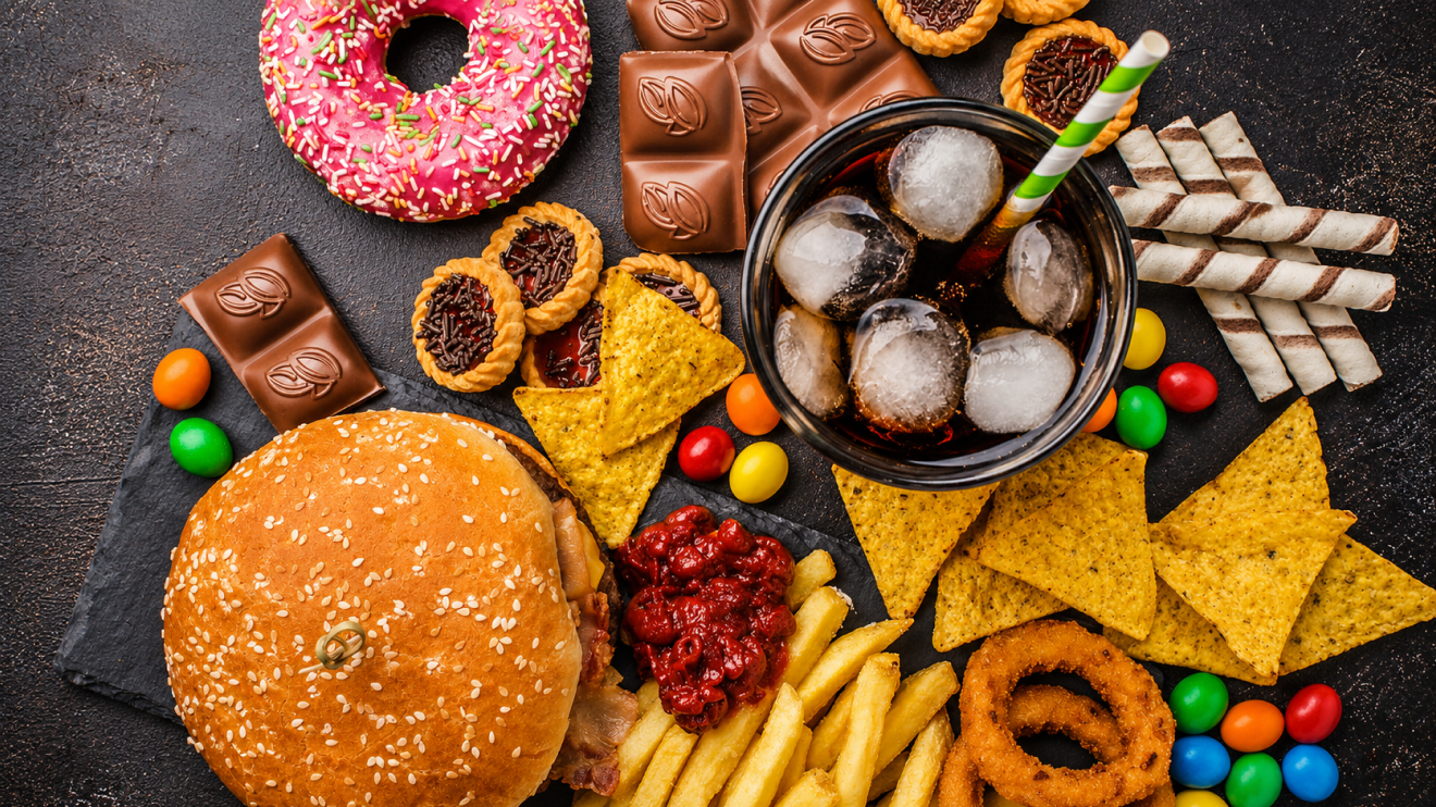 Healthy Aging Habits: 7 Simple Kitchen Changes That Work 6 Overhead Spread Of Ultra-Processed Foods Including A Burger, Fries, Soda, Chips, Donut, Chocolate, Candy, Cookies, And Onion Rings On A Dark Surface.