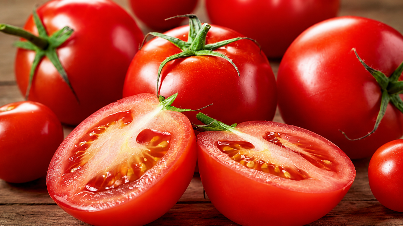 10 Foods To Eat More Often To Support Healthy Aging 10 Close-Up Of Ripe Red Tomatoes On A Rustic Wooden Table, With Two Juicy Tomato Halves In The Foreground And Whole Tomatoes With Green Stems Behind Them.