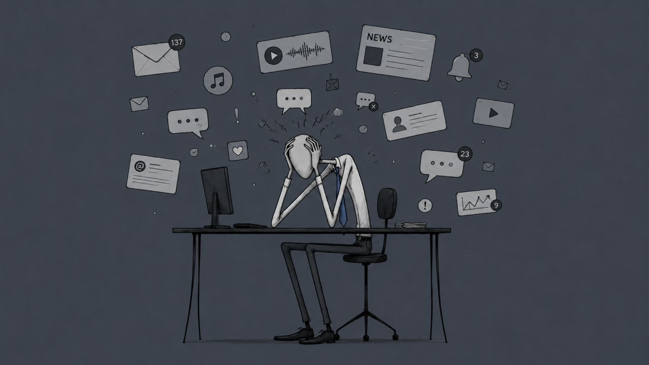Why You Can'T Focus Anymore: 8 Hidden Reasons &Amp; How To Fix Them 3 Faceless Office Worker Sits Overwhelmed At A Desk While Floating Notifications, Emails, Music Icons, And News Alerts Surround Him, Representing Digital Overstimulation And Constant Distractions.