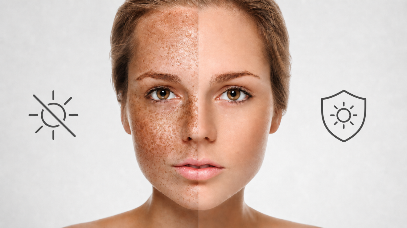 Why Your Skin Looks Tired: 9 Hidden Causes &Amp; Quick Fixes 10 Split-Face Portrait Of A Woman Showing The Effects Of Sun Exposure: The Left Side Has Visible Dark Spots And Uneven Tone With A “No Uv Protection” Icon, While The Right Side Appears Smooth And Even With A Shield Icon Representing Protection From Sunscreen.