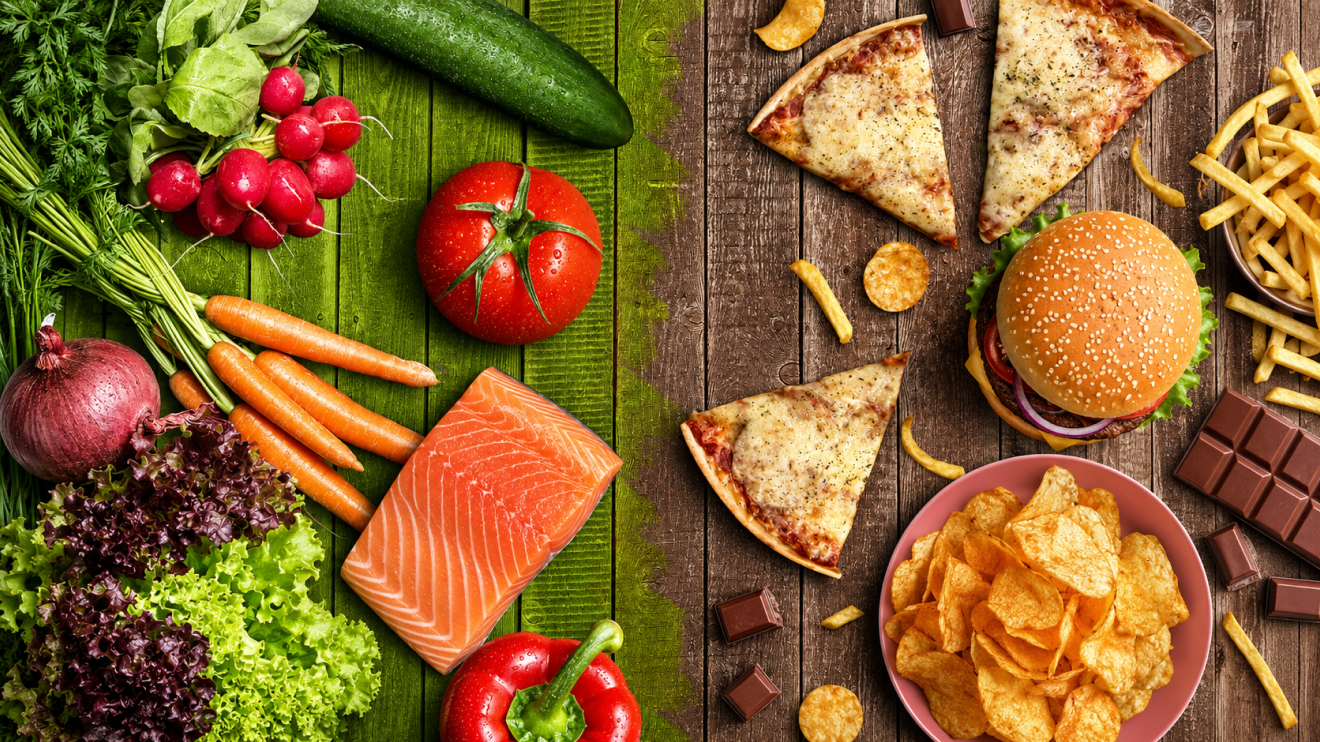What Healthy Aging Really Looks Like (And What It Doesn'T) 3 Overhead Split-Image Comparison Of Healthy And Unhealthy Foods, With Fresh Vegetables And A Salmon Fillet On A Green Wooden Surface On The Left, And Pizza, A Burger, Fries, Chips, And Chocolate On A Brown Wooden Surface On The Right.