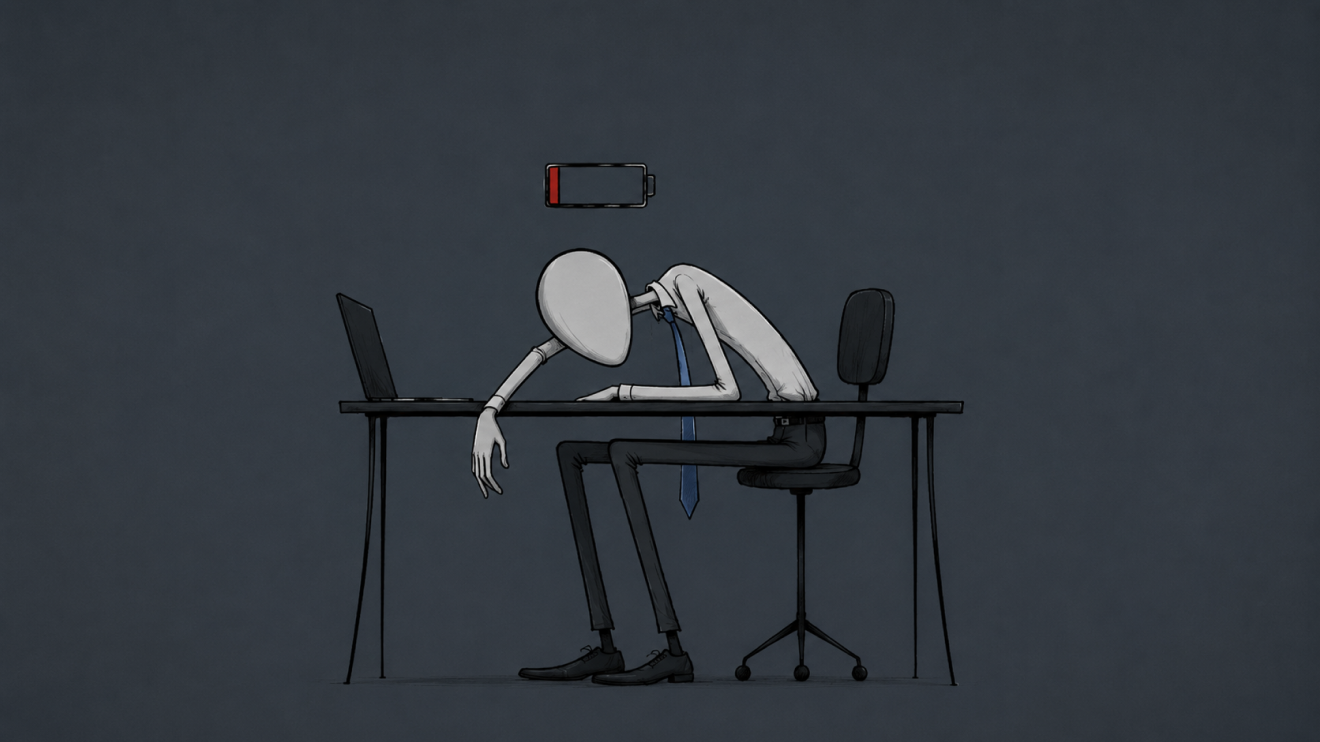 Why You Can'T Focus Anymore: 8 Hidden Reasons &Amp; How To Fix Them 8 Faceless Office Worker Slumps Exhausted Over His Desk Beneath A Low Battery Icon, Symbolizing Fatigue, Burnout, And Low Energy Caused By Poor Nutrition And Lack Of Physical Support.
