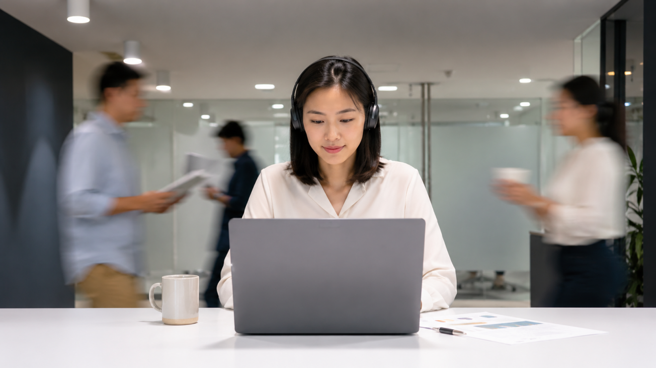 The Deep Focus Routine: 6 Proven Ways To Build It 3 Asian Woman Wearing Headphones Focuses On Her Laptop In A Busy Office, With Blurred Coworkers Moving In The Background.