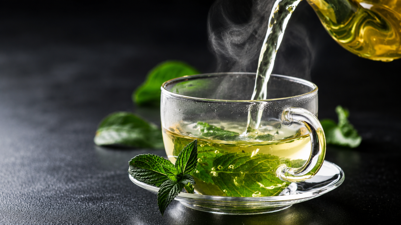 10 Foods To Eat More Often To Support Healthy Aging 3 Hot Mint Tea Being Poured Into A Clear Glass Cup, With Fresh Mint Leaves, Rising Steam, And A Dark, Softly Blurred Background.