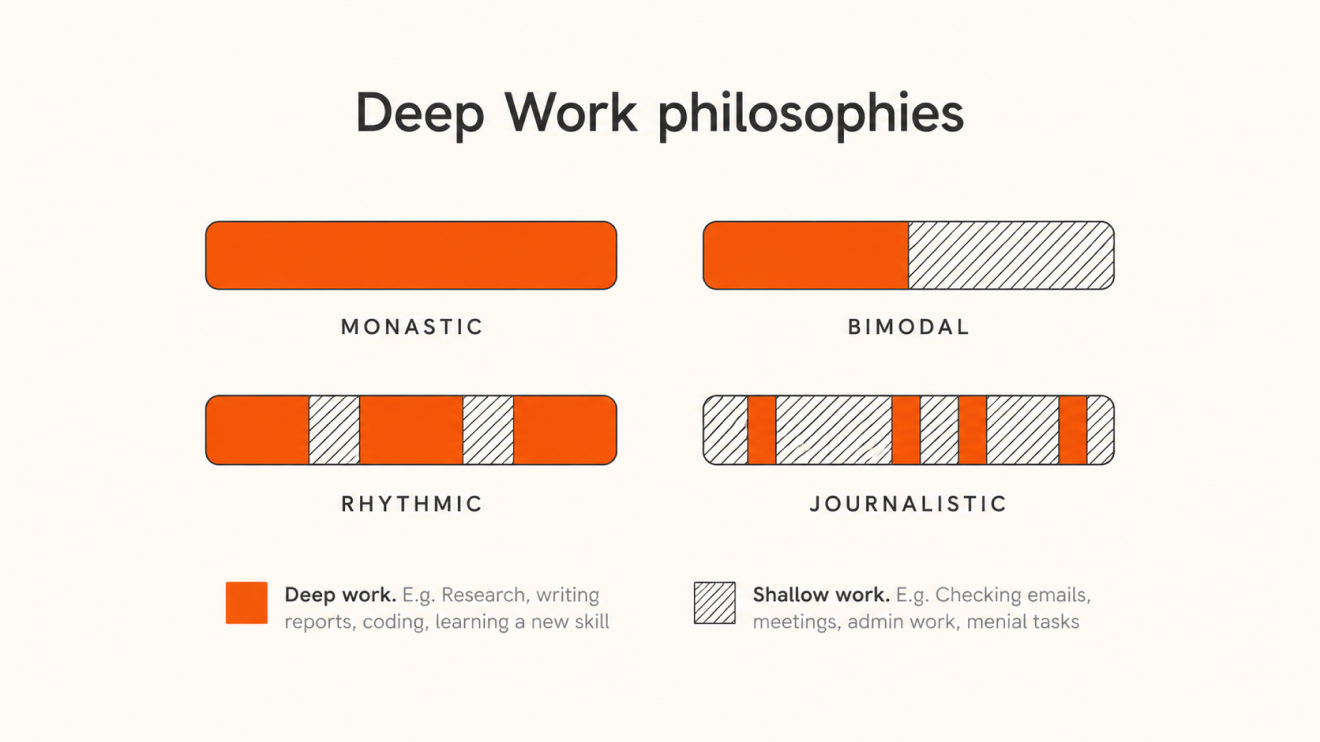 The Deep Focus Routine: 6 Proven Ways To Build It 2 Minimalist Infographic Titled “Deep Work Philosophies” Showing Four Work Styles: Monastic, Bimodal, Rhythmic, And Journalistic, Using Orange And Striped Progress Bars To Compare Deep Work And Shallow Work Patterns On A Soft Cream Background.