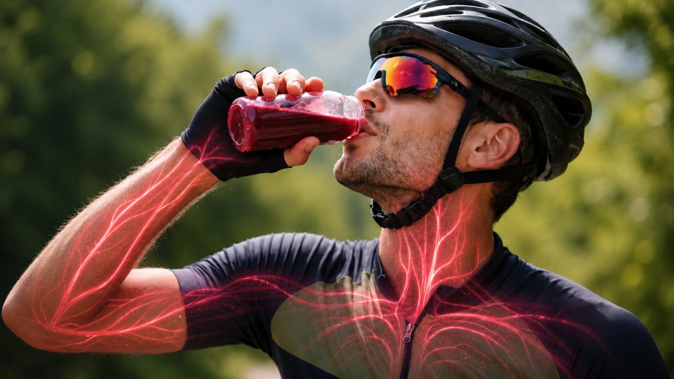 7 Beetroot Supplement Benefits You Should Know Before Taking 2 Cyclist Drinking Beetroot Juice Outdoors Before Training, With Glowing Beetroot-Colored Blood Vessel Overlays Along His Arm, Neck, And Chest Representing Boosted Circulation, Nitric Oxide Production, And Improved Athletic Performance From Beetroot Supplements.
