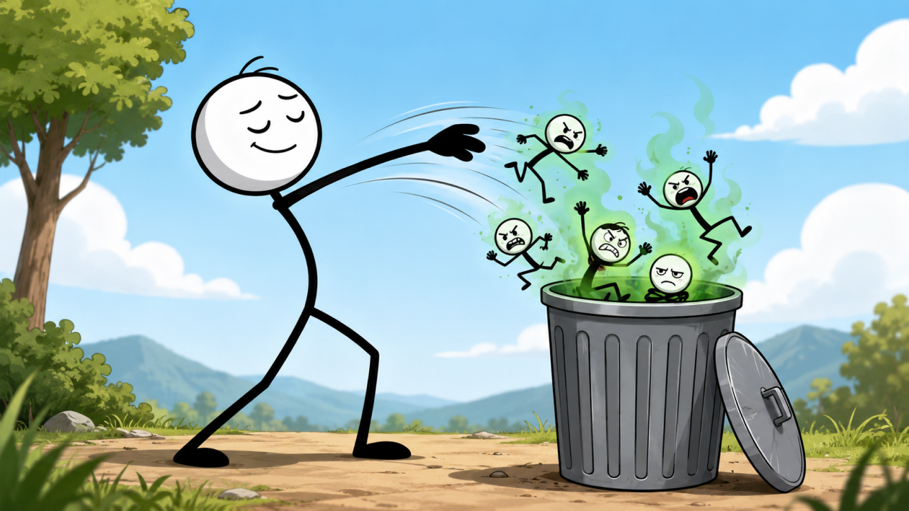 Brain Fog Fix: 7 Proven Strategies To Think Clearly Again 3 Cartoon Stick Figure Happily Tossing Angry, Green-Smoke-Covered Little People Into A Trash Can, Representing Removing Toxic People From Your Life.
