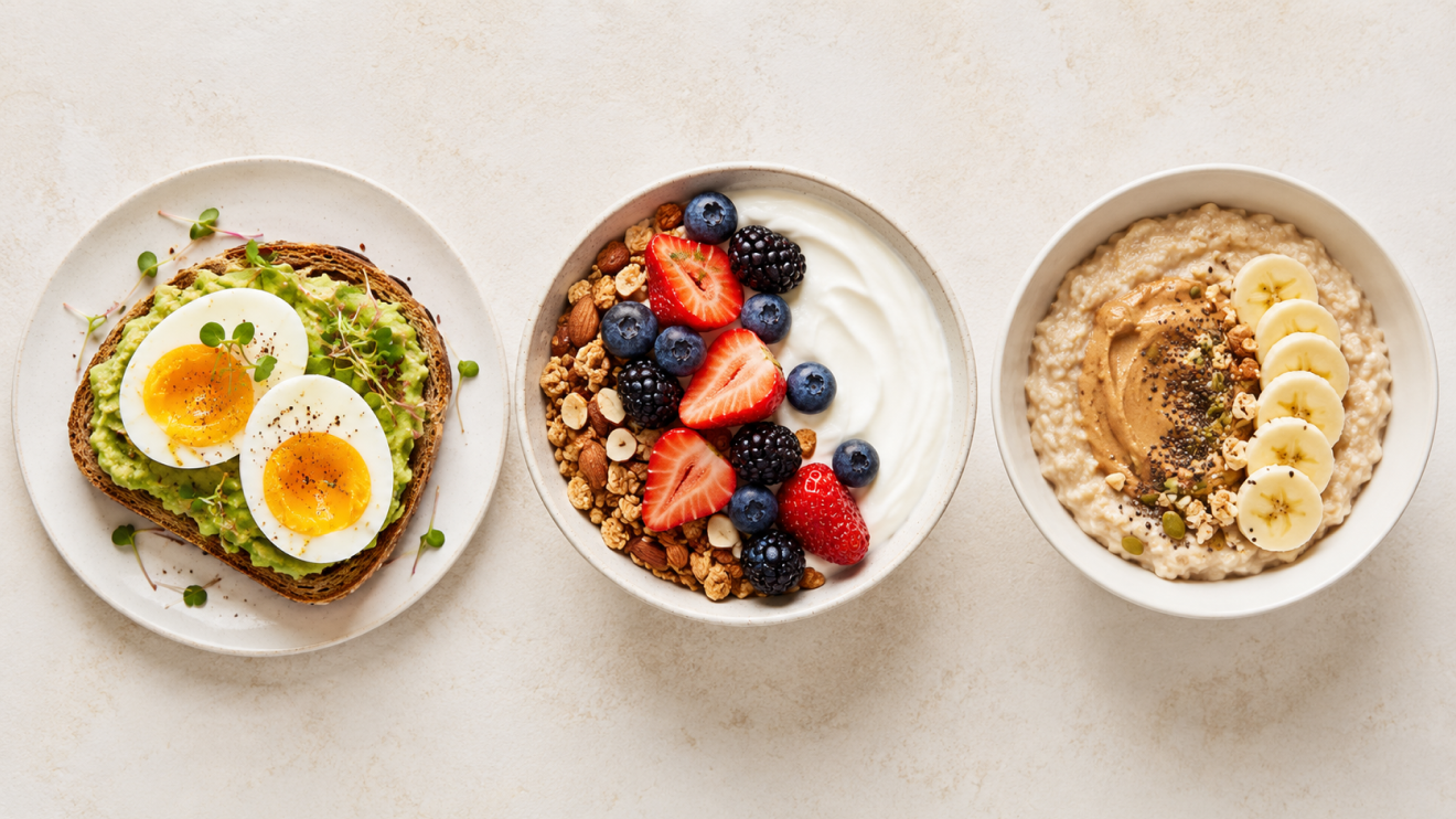 Low Energy Day Routine: 9 Steps That Still Get Results 5 Overhead View Of Three Balanced Breakfast Options Arranged Side By Side: Avocado Toast Topped With Soft-Boiled Eggs, Greek Yogurt With Granola And Fresh Berries, And Oatmeal With Nut Butter, Banana Slices, And Seeds, Illustrating Steady-Energy Meals That Support Focus And Sustained Energy On Low-Energy Days.