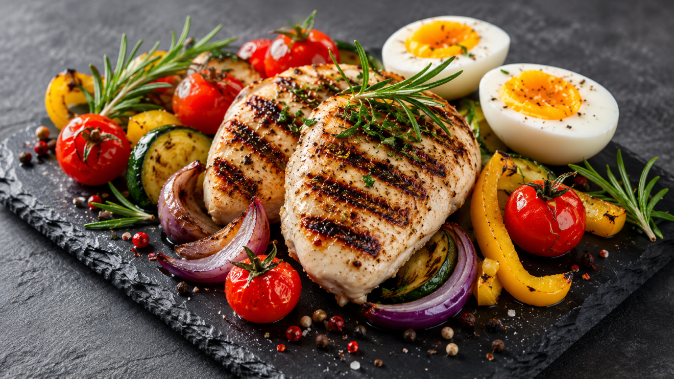 Healthy Aging Habits: 7 Simple Kitchen Changes That Work 7 Grilled Chicken Breasts With Hard-Boiled Eggs, Roasted Tomatoes, Peppers, Zucchini, Onions, And Fresh Herbs On A Dark Slate Board, Illustrating Simple Healthy Meal-Prep Staples.