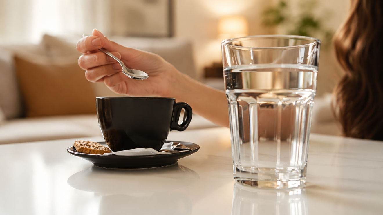 Low Energy Day Routine: 9 Steps That Still Get Results 4 Glass Of Water Beside A Cup Of Coffee On A White Table In A Cozy Living Room, Highlighting The Importance Of Hydrating First Thing In The Morning Before Relying On Caffeine For Energy.