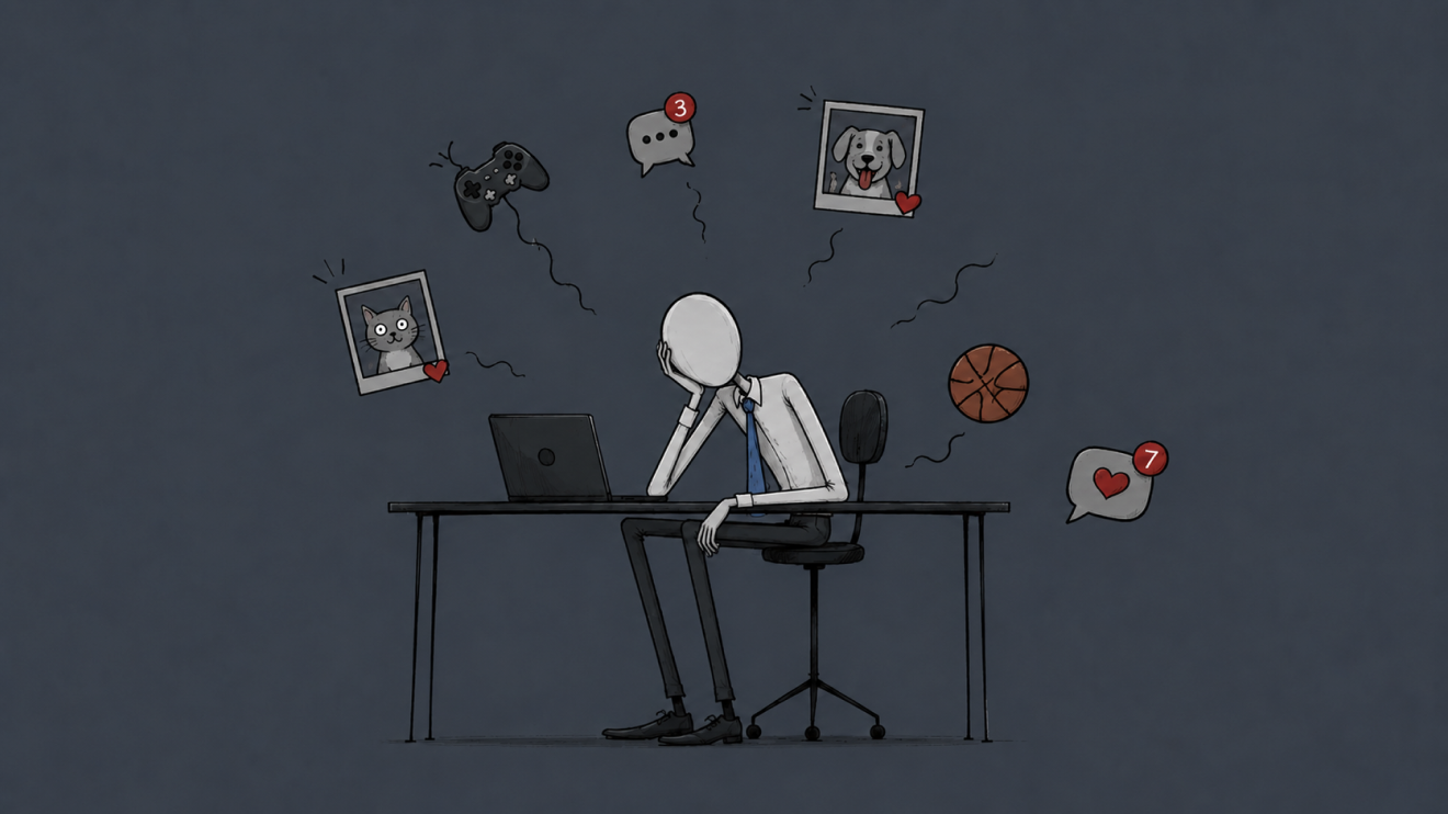 Why You Can'T Focus Anymore: 8 Hidden Reasons &Amp; How To Fix Them 9 Faceless Office Worker Sits Distracted At His Desk While Games, Pet Photos, Sports, And Social Notifications Float Around Him, Representing Constant Temptations Pulling His Attention Away From Work.