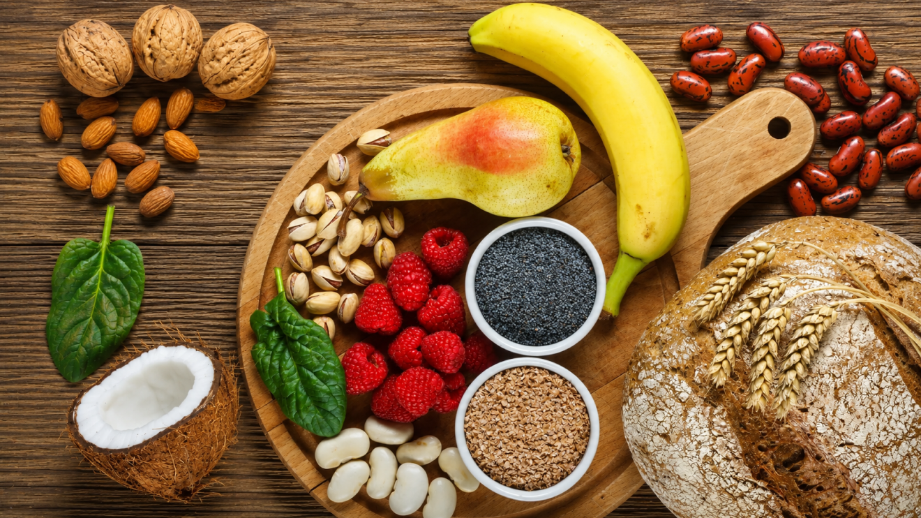 Healthy Aging Habits: 7 Simple Kitchen Changes That Work 4 Overhead Spread Of Fiber-Rich Foods Including Raspberries, Pear, Banana, Beans, Nuts, Seeds, Spinach, Coconut, And Whole-Grain Bread On A Rustic Wooden Table.