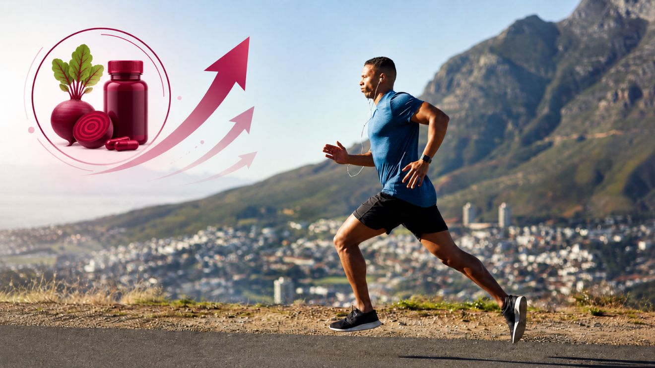 7 Beetroot Supplement Benefits You Should Know Before Taking 4 Athletic Man Running Along A Mountain Road With A Cityscape In The Background, While A Beetroot Supplement Icon And Upward Arrows Overlay The Top-Left Corner, Symbolizing Improved Workout Performance, Endurance, And Energy Support From Beetroot Supplements.