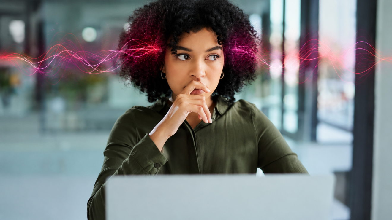 7 Beetroot Supplement Benefits You Should Know Before Taking 6 Thoughtful Woman Sitting Behind A Laptop In A Modern Office, With Subtle Beetroot-Colored Brainwave Overlays Around Her Head Representing Clearer Thinking And Faster Reactions Supported By Beetroot Supplements.