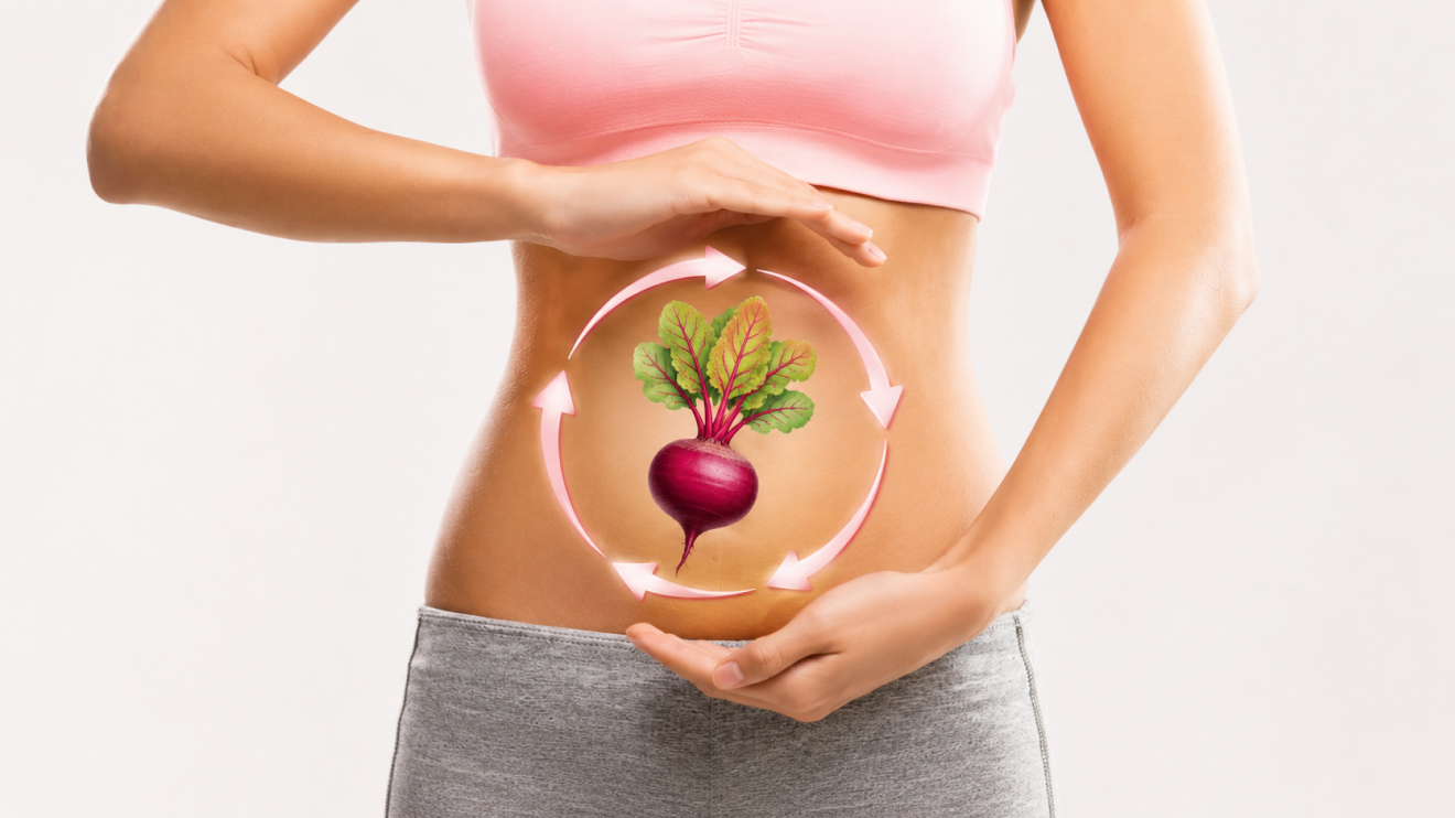 7 Beetroot Supplement Benefits You Should Know Before Taking 7 Woman’s Torso Framed By Her Hands With A Beetroot Illustration At The Center Of Her Abdomen, Surrounded By Circular Arrows Symbolizing Smoother Digestion, Improved Gut Flow, And The Calming Digestive-Support Benefits Of Beetroot Supplements.