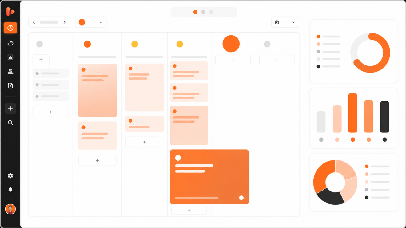 The Deep Focus Routine: 6 Proven Ways To Build It 5 Minimalist Work Tracking App Dashboard With Orange, White, And Black Interface Elements, Featuring Task Columns, Analytics Charts, Calendar Blocks, And Productivity Widgets On A Clean Modern Layout.