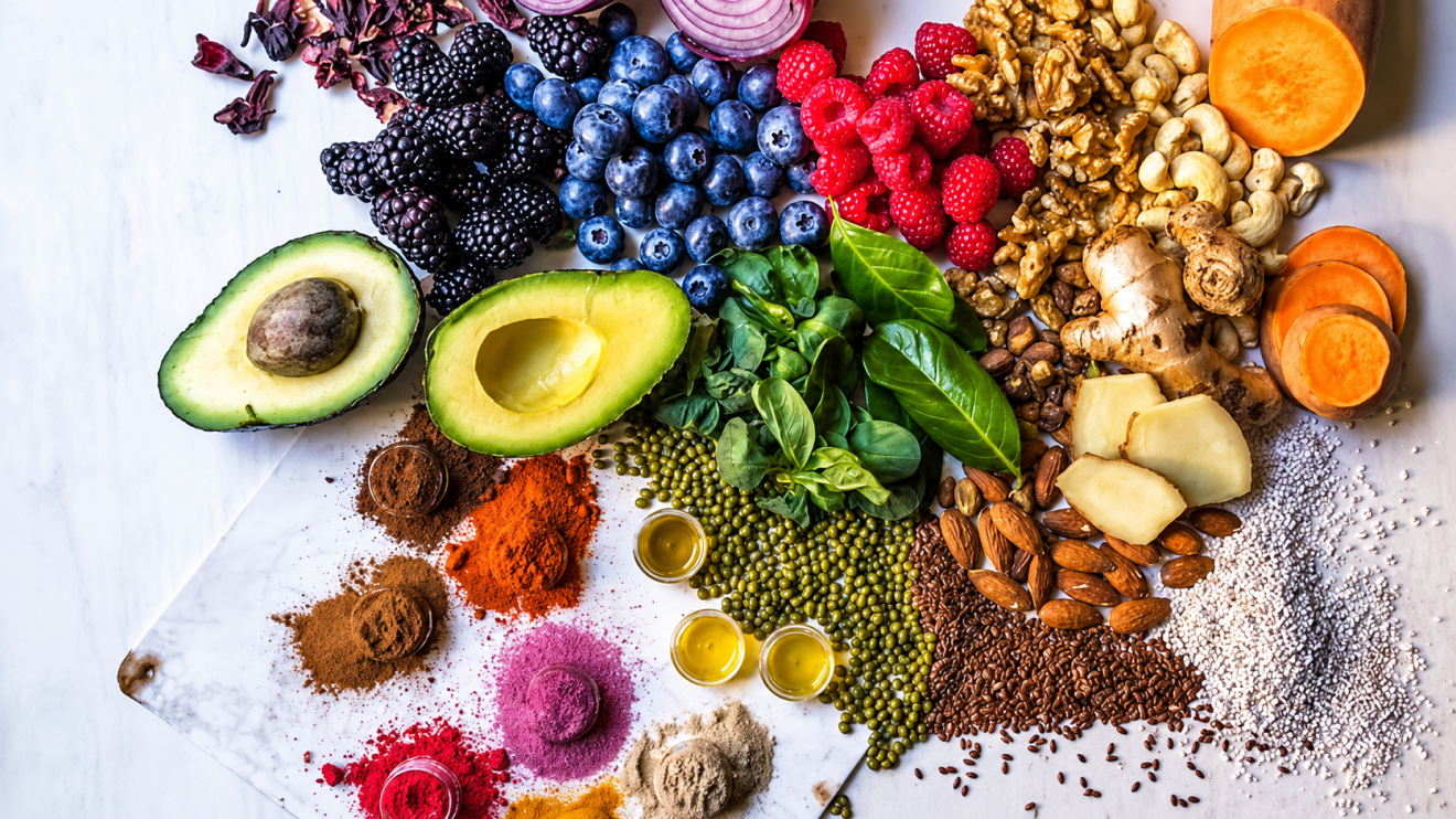 Healthy Aging Habits: 7 Simple Kitchen Changes That Work 2 A Colorful Overhead Spread Of Anti-Inflammatory Foods Including Berries, Avocado, Leafy Greens, Nuts, Seeds, Spices, Ginger, Sweet Potatoes, And Olive Oil On A White Surface.