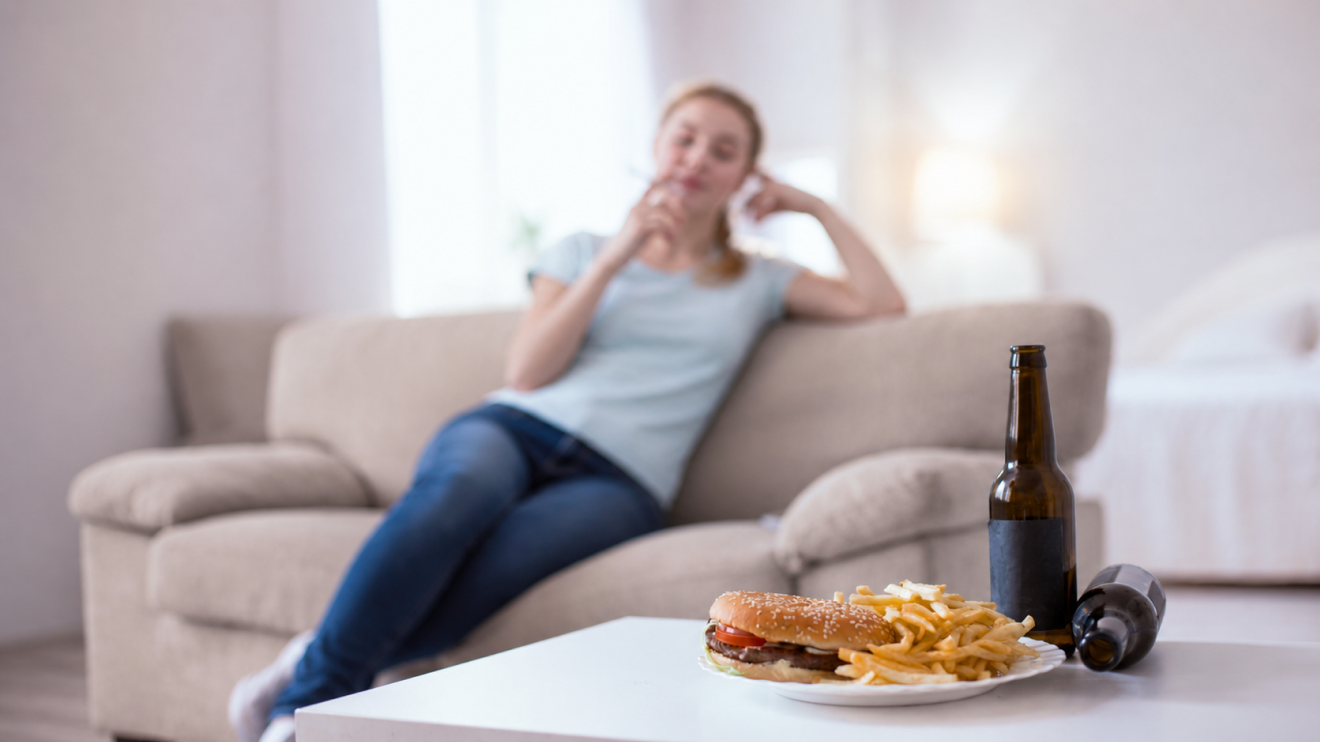 Why Your Skin Looks Tired: 9 Hidden Causes &Amp; Quick Fixes 11 Foreground Of A Burger, Fries, And Beer Bottles In Sharp Focus On A Table, While In The Blurred Background A Woman Lounges On A Couch Smoking A Cigarette, Visually Combining Junk Food, Alcohol, And Smoking As Lifestyle Habits That Contribute To Dull, Unhealthy Skin.