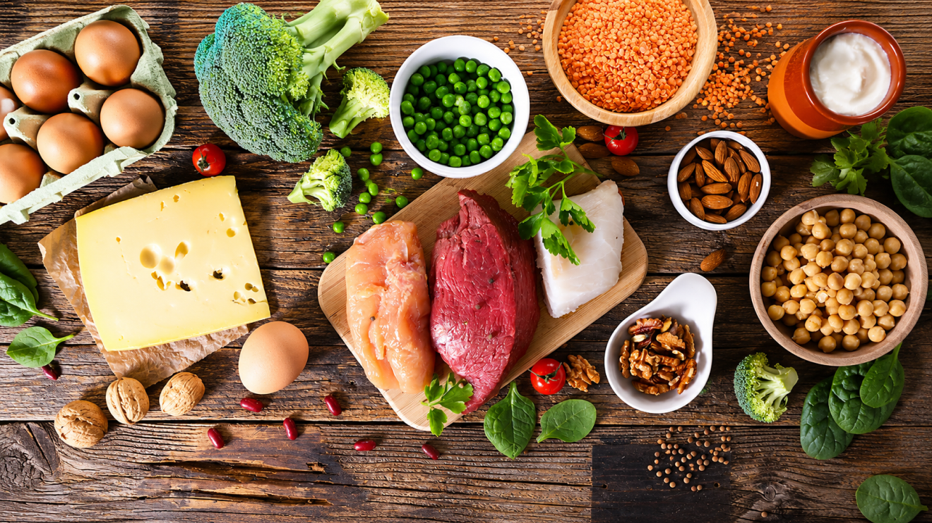 Healthy Aging Habits: 7 Simple Kitchen Changes That Work 3 Overhead Spread Of Protein-Rich Foods Including Eggs, Cheese, Chicken, Lean Beef, Fish, Peas, Lentils, Almonds, Chickpeas, Nuts, Broccoli, And Leafy Greens On A Rustic Wooden Table.