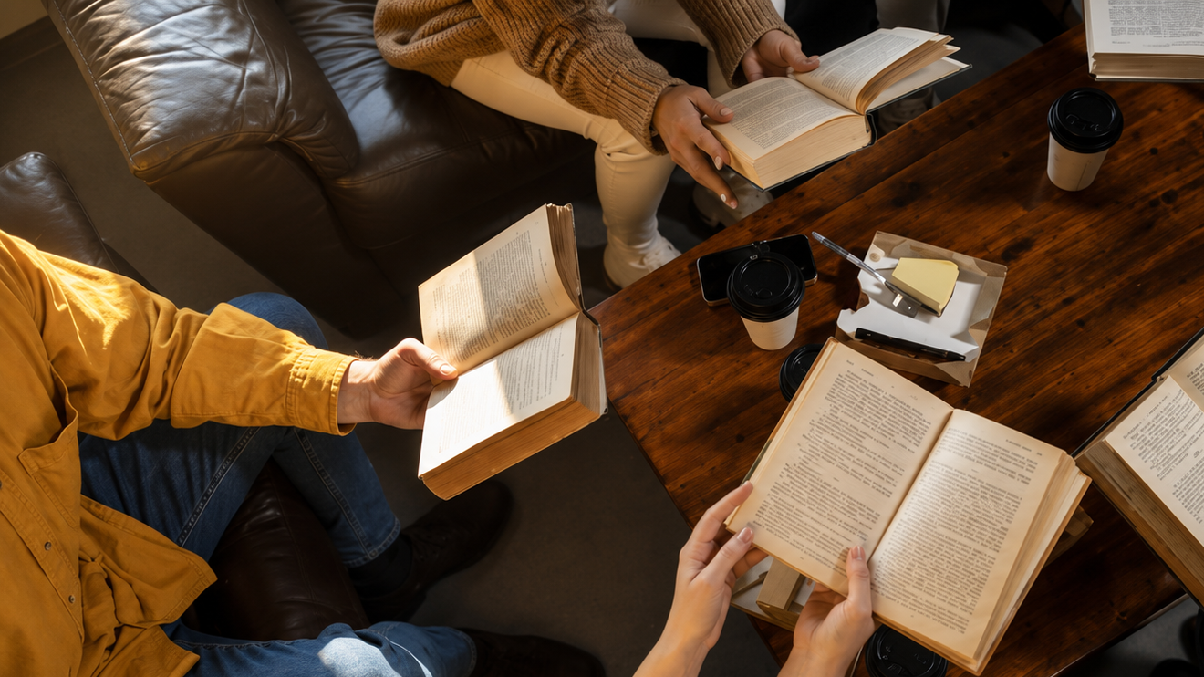 Healthy Aging Doesn'T Have To Be Complicated: 6 Simple Habits That Actually Work 6 Overhead View Of Friends Reading Books Around A Wooden Coffee Table With Takeaway Cups, Notebooks, And Warm Sunlight Creating A Cozy Atmosphere.