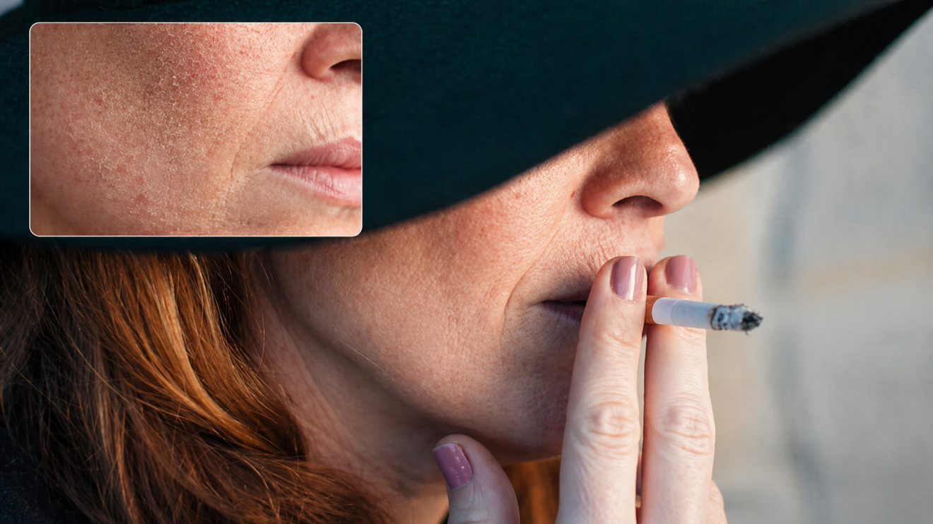 Morning Glow Routine: 8 Daily Habits For Radiant Skin 10 Close-Up Side Profile Of A Woman With Red Hair Wearing A Wide-Brim Dark Hat That Shadows Her Eyes, Holding A Lit Cigarette Near Her Lips. Her Skin Texture Is Visible In Natural Light, With A Neutral, Subdued Expression. In The Upper-Left Corner, A Small Inset Image Shows A Magnified Patch Of Dry, Flaky, Dehydrated Facial Skin With Fine Cracks, Contrasting With The Main Portrait.