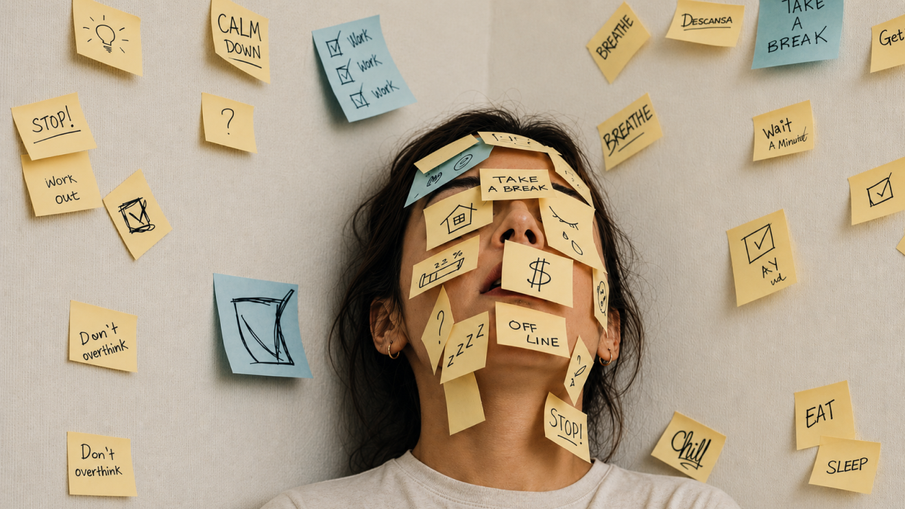 Low Energy Day Routine: 9 Steps That Still Get Results 2 Overwhelmed Woman Leaning Against A Wall Covered In Sticky Notes And Reminders, Illustrating The Mental Clutter Of Trying To Do Everything At Once. The Chaotic Scene Highlights The Importance Of Focusing Only On Essential “Mvts” (Minimum Viable Tasks) On Low-Energy Days To Reduce Stress And Stay Functional.