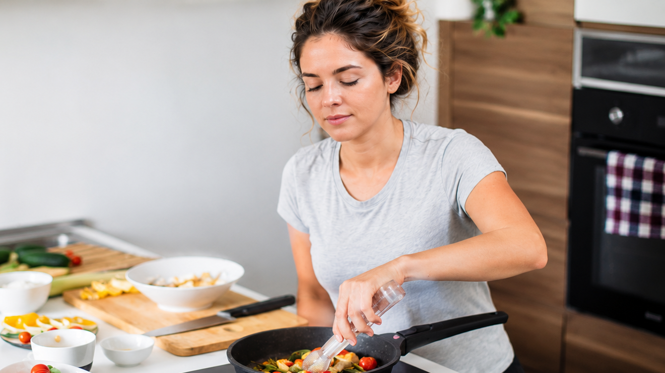 6 Healthy Habits For A Clearer, More Focused Day 4 A Woman Cooks A Balanced Meal With Fresh Vegetables And Protein In A Bright Kitchen, Illustrating Steady Food Choices That Support Energy And Focus.