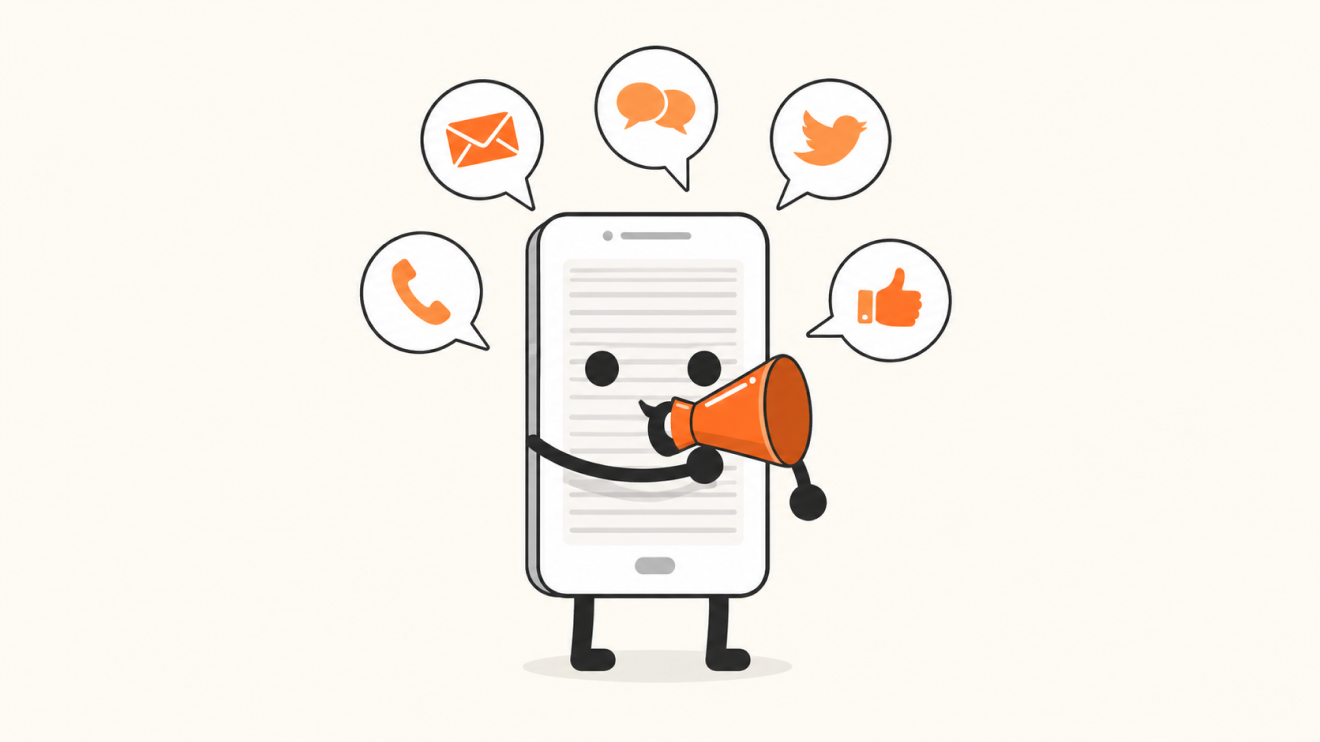 The Deep Focus Routine: 6 Proven Ways To Build It 6 Cartoon Smartphone Character Holding An Orange Megaphone, Surrounded By Social Media And Communication Icons In A Soft Black, White, And Orange Color Scheme.