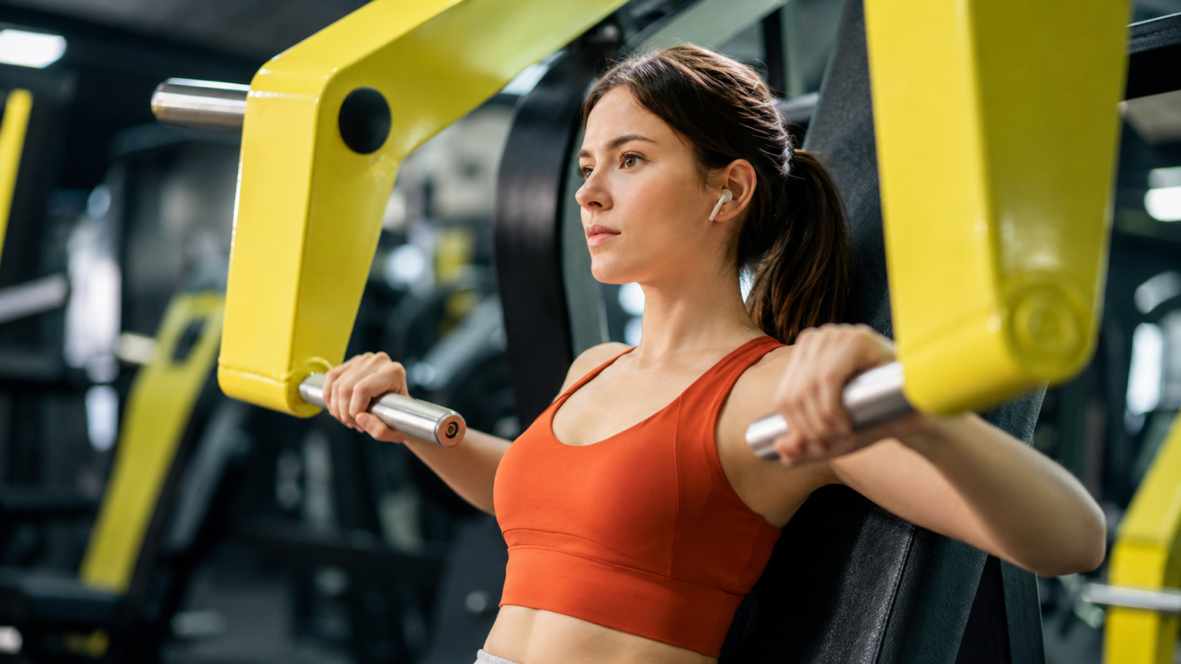 Your Simple Wellness Stack: 6 Daily Habits For Everyday Health 4 Woman Wearing Earbuds And An Orange Workout Top Uses A Chest Press Machine In A Gym, Focusing Straight Ahead While Gripping The Handles.