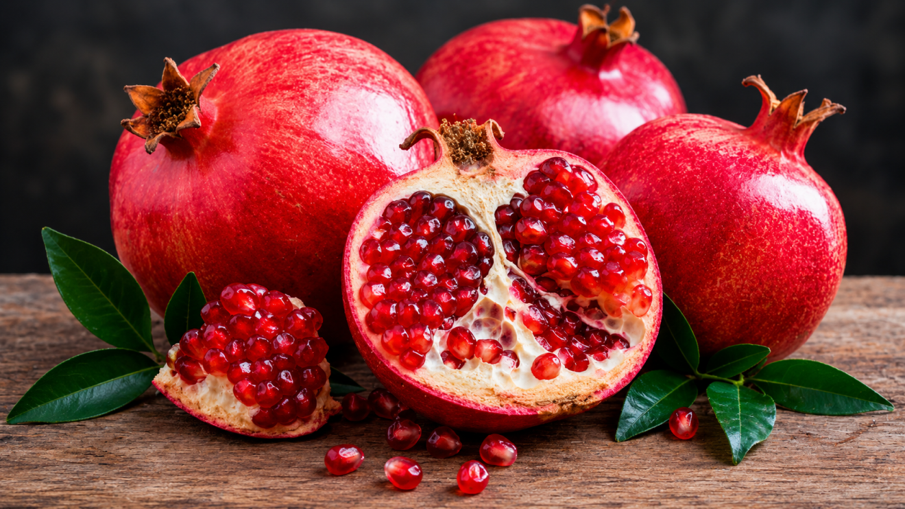 10 Foods To Eat More Often To Support Healthy Aging 8 Whole And Sliced Pomegranates With Glossy Red Seeds, Scattered Arils, And Green Leaves Arranged On A Rustic Wooden Table.