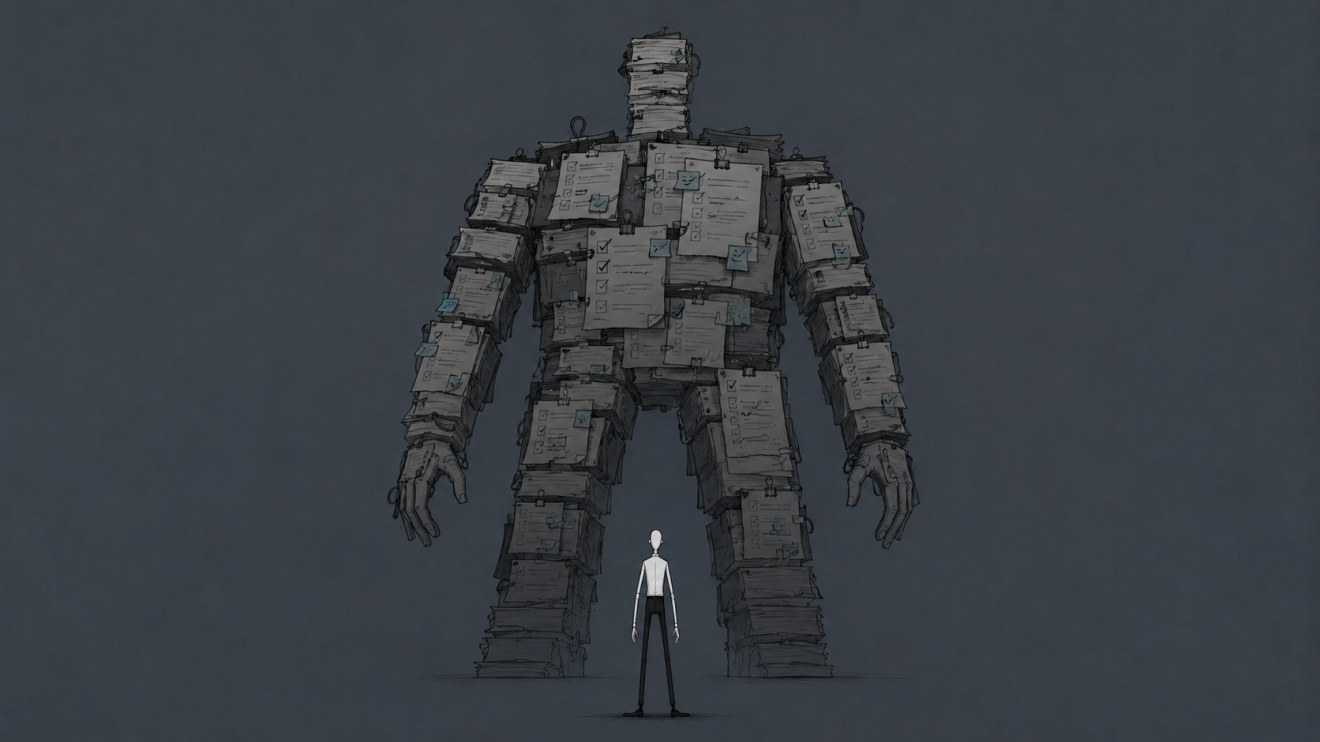 Why You Can'T Focus Anymore: 8 Hidden Reasons &Amp; How To Fix Them 7 Small Faceless Office Worker Stands Before A Gigantic Titan Made Of Stacked Papers And Unfinished Tasks, Symbolizing How Overwhelming Responsibilities Can Feel Too Big To Begin.