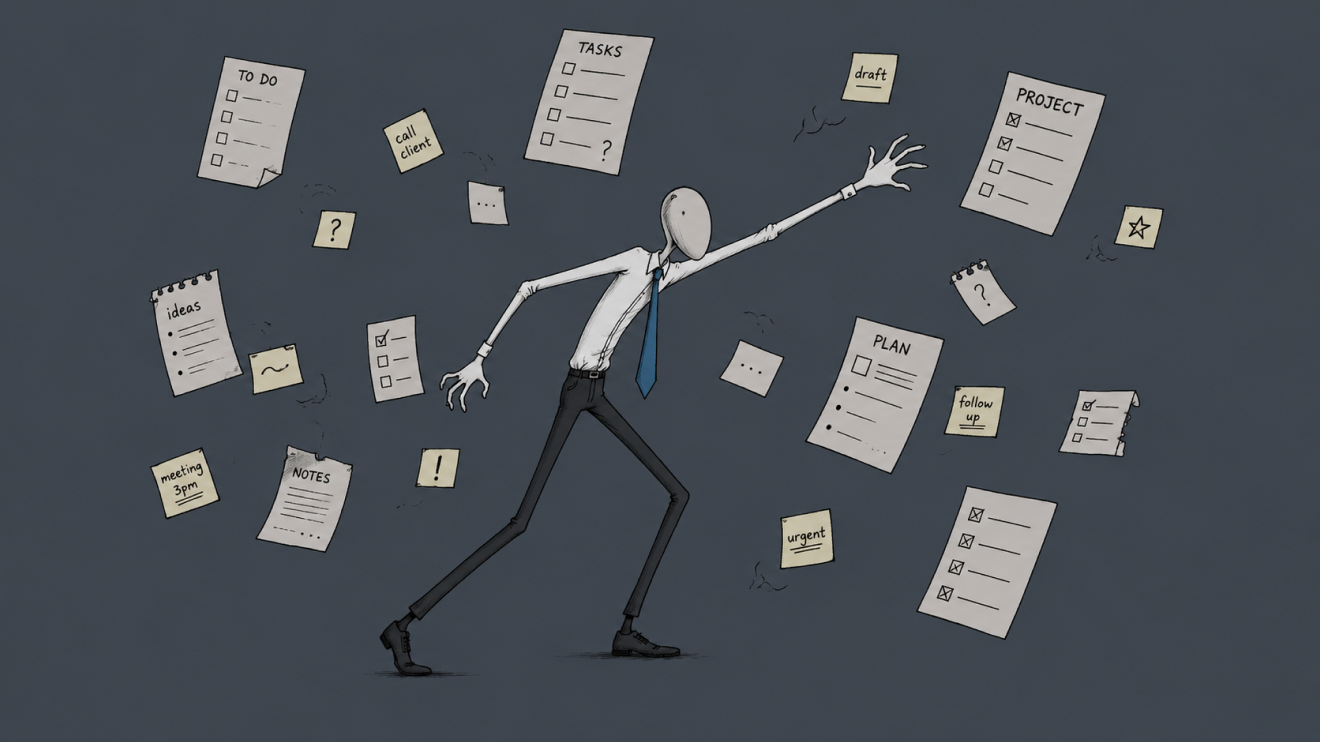 Why You Can'T Focus Anymore: 8 Hidden Reasons &Amp; How To Fix Them 5 Faceless Office Worker Reaches Toward Scattered Unfinished Tasks And Notes Floating Around Him, Symbolizing Constant Task-Switching And Difficulty Completing One Thing Before Starting Another.