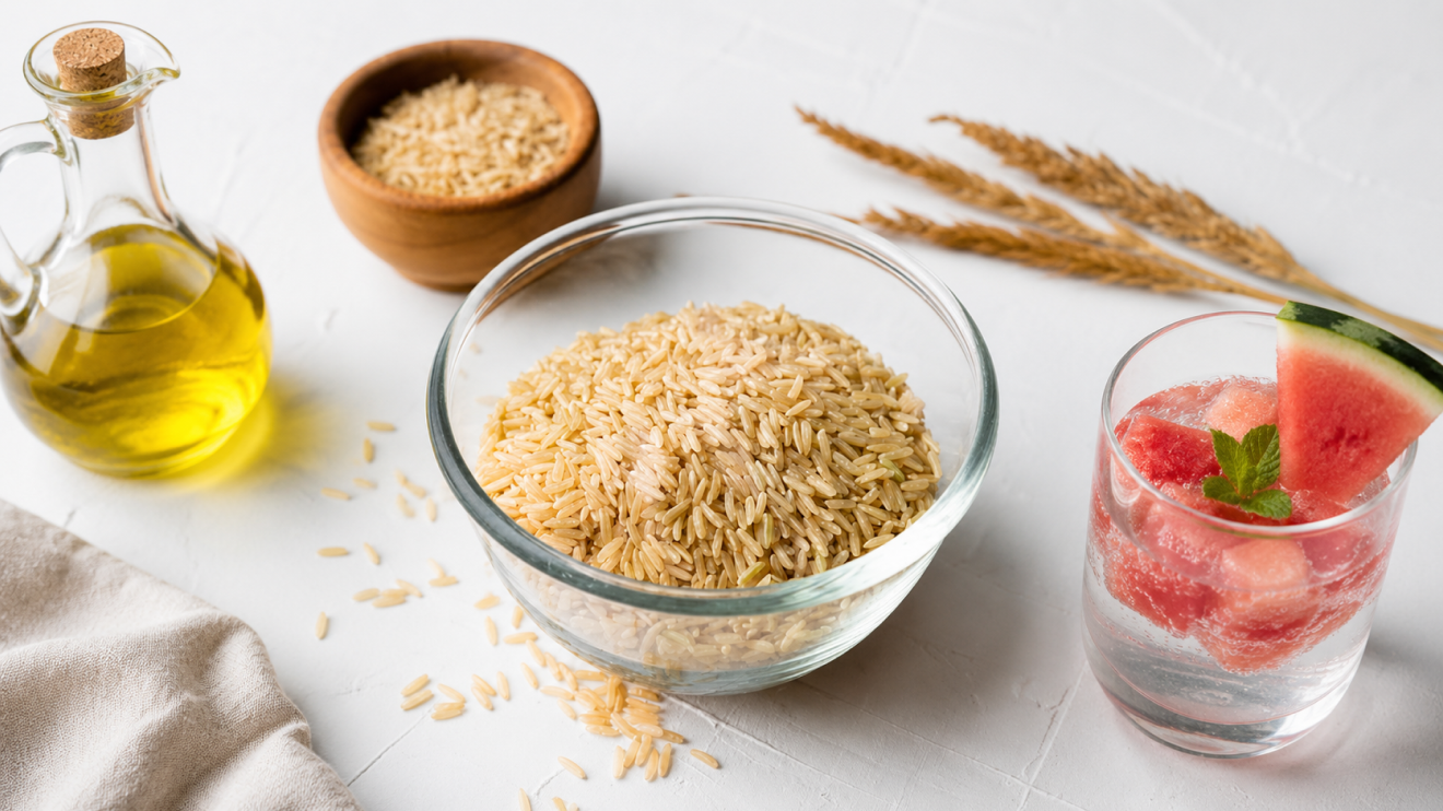 Healthy Aging Habits: 7 Simple Kitchen Changes That Work 8 Bowl Of Brown Rice On A White Kitchen Surface With Olive Oil, Wheat Stalks, And Sparkling Water With Watermelon, Illustrating Simple Healthy Food Swaps For Everyday Meals.
