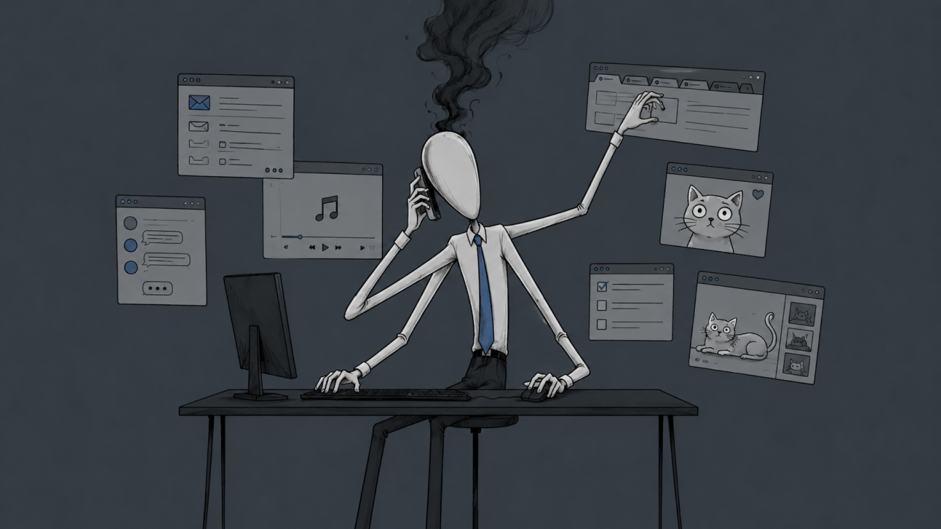 Why You Can'T Focus Anymore: 8 Hidden Reasons &Amp; How To Fix Them 4 Faceless Office Worker With Multiple Arms Multitasks Between Messages, Music, Work Tabs, And Cat Videos, Symbolizing Addiction To Quick Stimulation And Constant Overstimulation.